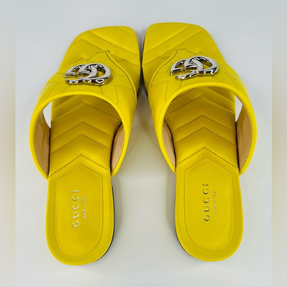 Gucci Marmont Double G Chevron GG Logo Yellow Thong Flat Sandals Size EU 37 - Picture 9 of 11